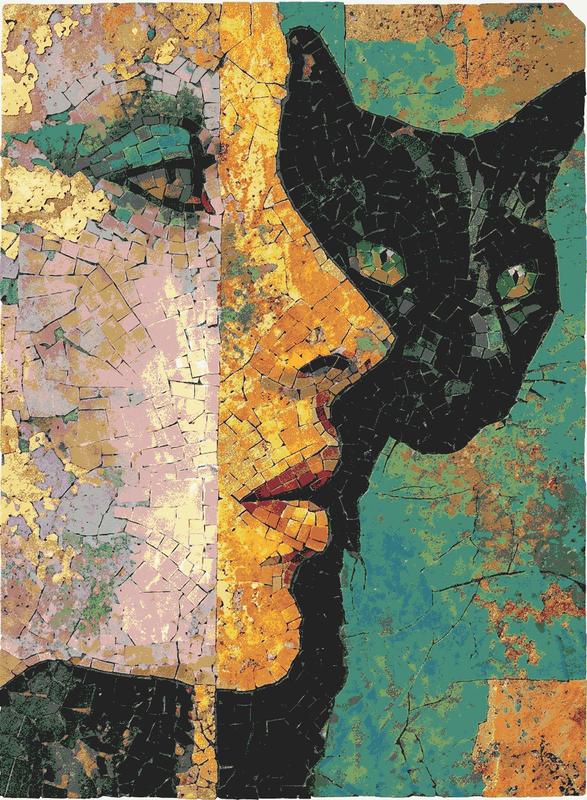 Human and Cat Mosaic Art - Surreal Portrait