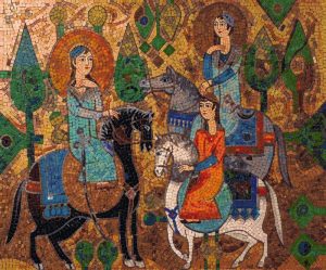 Classical Mosaic Art: Three Figures on Horseback