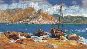 Mediterranean Coastal Mosaic Art – Wooden Boat