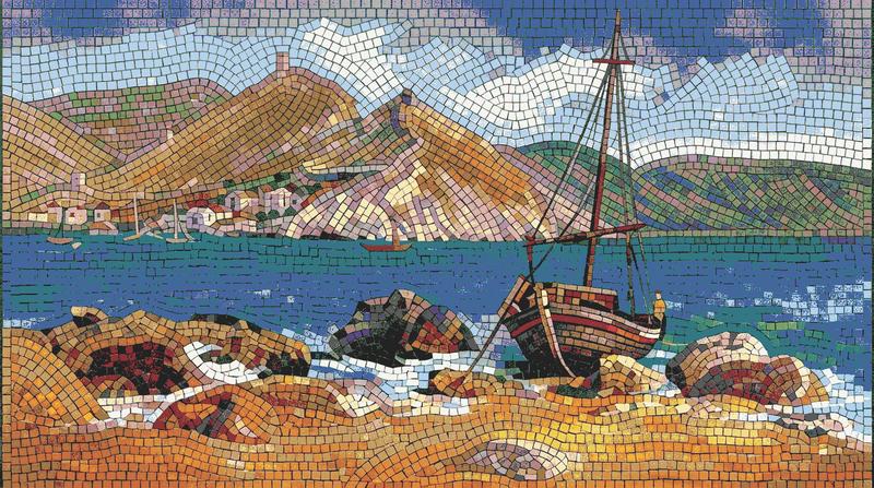 Mediterranean Coastal Mosaic Art - Wooden Boat