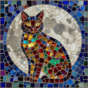 Colorful Cat and Moon Mosaic Art – Opus Incertum