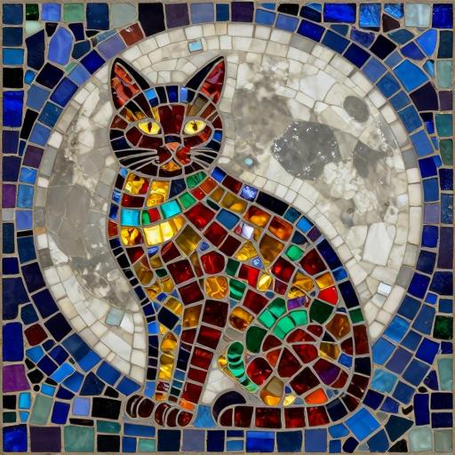Colorful Cat and Moon Mosaic Art - Opus Incertum