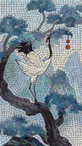 Elegant White Crane Mosaic Art – Serene Nature Piece
