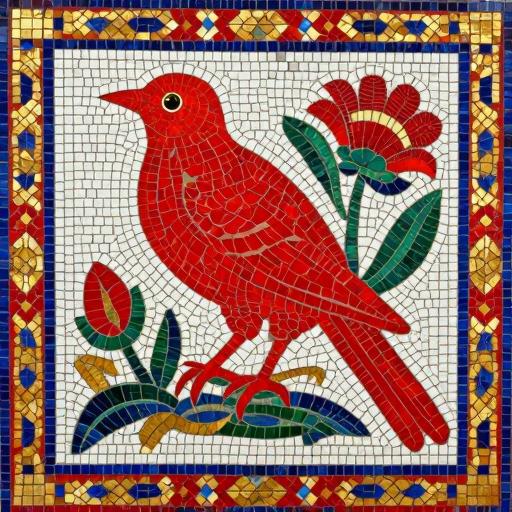 Red Bird in Flowers - Soviet Style Mosaic Art