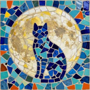 Blue Cat and Moon Trencadís Mosaic Art