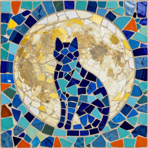 Blue Cat and Moon Trencadís Mosaic Art