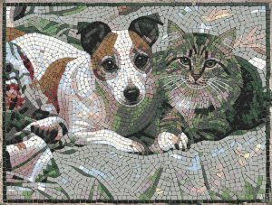 Mosaic Art: Peaceful Dog and Cat Friendship