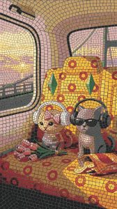 Mosaic Art: Two Stylish Cats on a Sunset Journey
