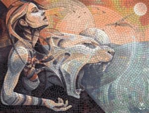 Mystical Bond: Woman and Wolf Mosaic Art