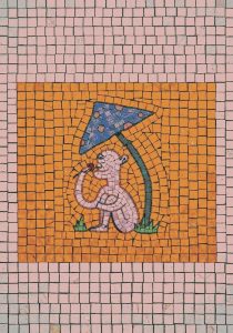 Whimsical Monkey and Blue Mushroom Mosaic Art