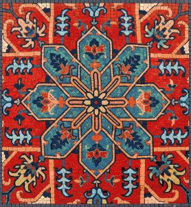 Vibrant Blue and Red Geometric Floral Mosaic