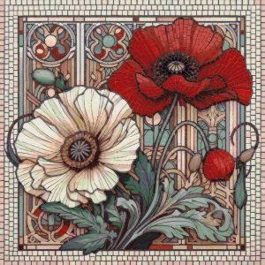 Art Nouveau Poppy Mosaic Art – Red and White Flowers