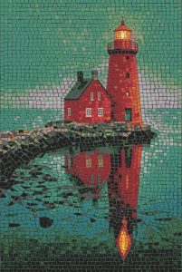 Red Lighthouse Mosaic Art – Serene Coastal Scene