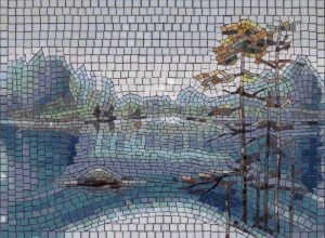 Serene Lake and Pine Trees Mosaic Art