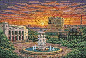City Sunset and Fountain Mosaic Art