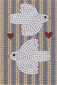 Mosaic Art: Two White Doves and Red Hearts