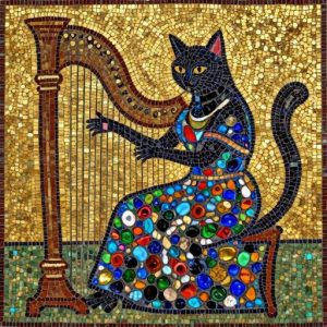 Black Cat Playing Harp – Byzantine Mosaic Art