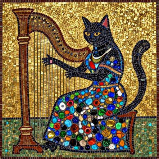 Black Cat Playing Harp - Byzantine Mosaic Art