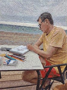 Mosaic Art: Artist Sketching by the Sea