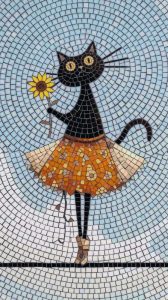 Whimsical Black Cat with Sunflower Mosaic Art