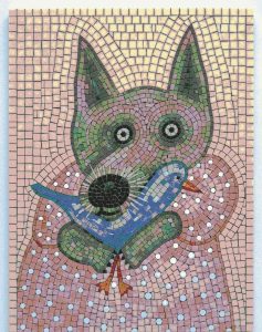 Whimsical Dog and Blue Bird Mosaic Art
