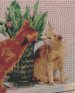 Mosaic Art: Two Curious Cats with Flowers