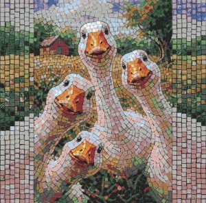 White Geese Mosaic Art – Rustic Countryside Decor