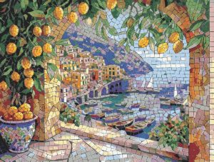 Mediterranean Coastal Town Mosaic Art