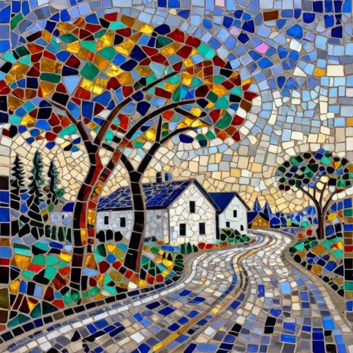 Early Morning Village Mosaic Art - Opus Incertum