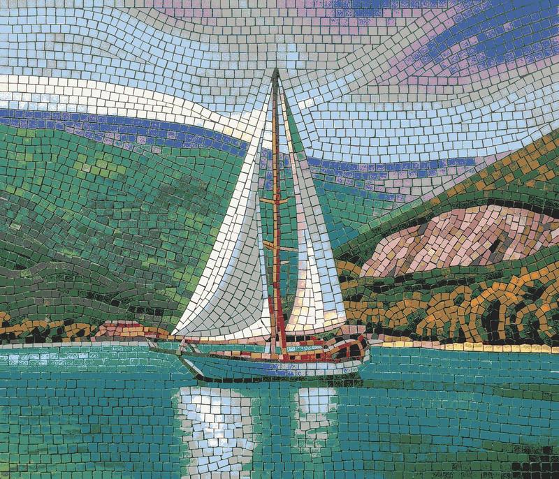 Serene Sailboat Mosaic Art - Peaceful Nautical Landscape