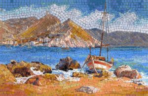 Mediterranean Coastal Mosaic Art – Peaceful Boat Scene