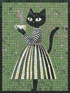 Whimsical Black Cat with Coffee Mosaic Art