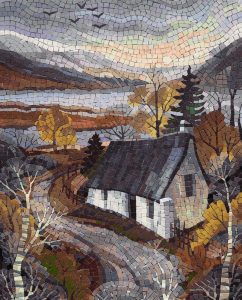Autumn Cottage Mosaic Art – Peaceful Nature Landscape