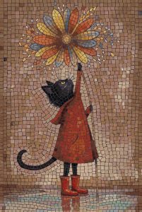 Whimsical Cat in Red Raincoat Mosaic Art