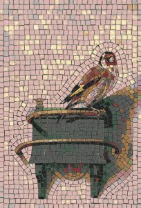 Mosaic Art: Colorful Bird on a Green Vessel