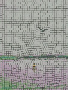 Minimalist Mosaic: Bird over a Pastel Sea