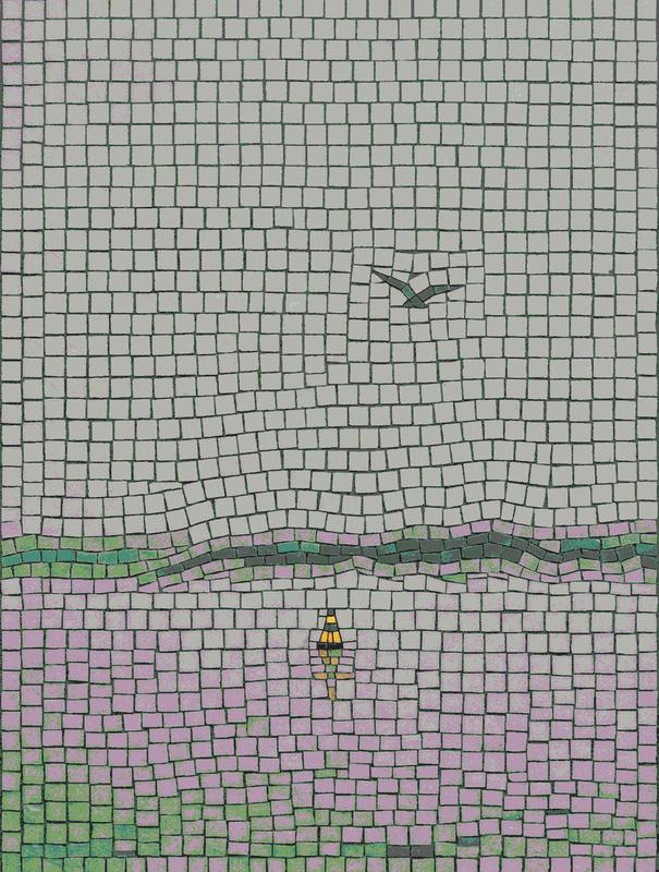 Minimalist Mosaic: Bird over a Pastel Sea
