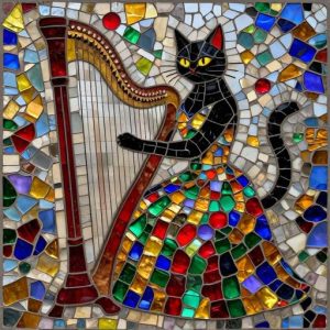 Black Cat Playing Harp Mosaic Art – Opus Incertum Style