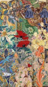 Vibrant Floral Mosaic Art – Red Poppies and Blue Blooms