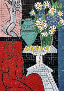 Modern Mosaic Art: Red Figure and Floral Still Life