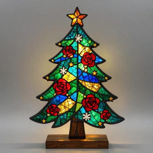 Stained Glass Christmas Tree with Red Roses Mosaic