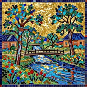 Rural Landscape with River and Bridge Mosaic Art