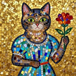 Byzantine Mosaic Art: Cat in a Dress with a Flower