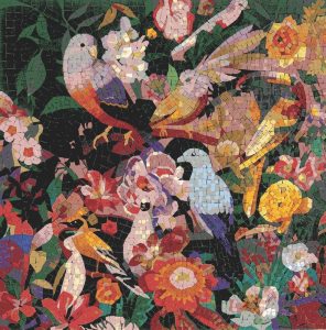Colorful Birds in Garden Mosaic Art