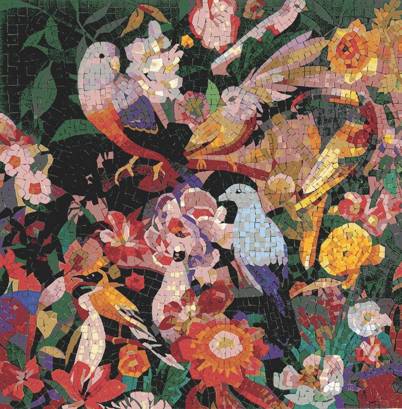 Colorful Birds in Garden Mosaic Art
