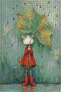 Cute Cat in Red Raincoat Mosaic Art