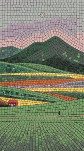 Vibrant Mosaic Landscape with Rolling Hills