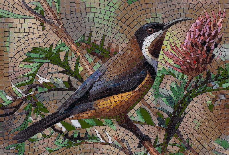 Mosaic Art: Small Bird with Pink Blossom