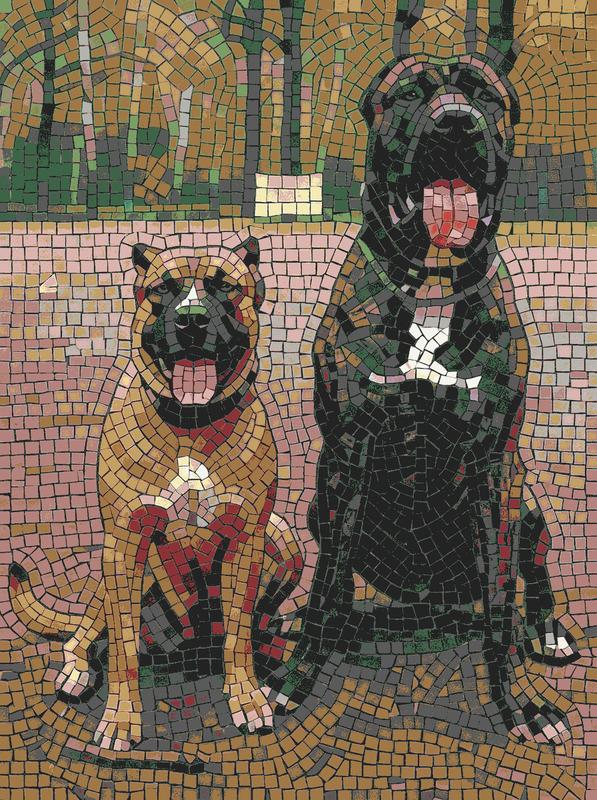 Mosaic Art: Two Friendly Dogs in Autumn Forest