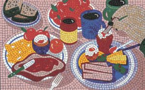 Vibrant Mosaic Still Life with Fruit and Cheese